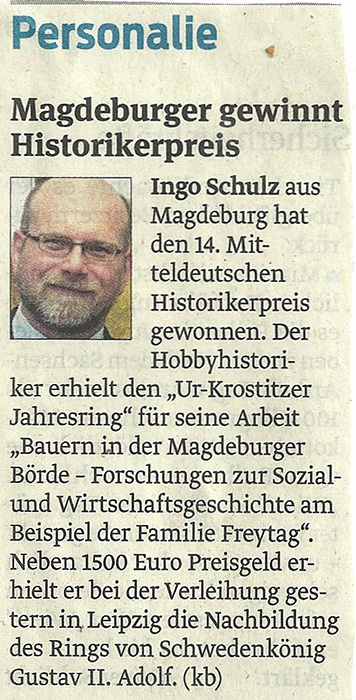 Ingo Schulz gewinnt 14. Mitteldeutschen Historikerpreis