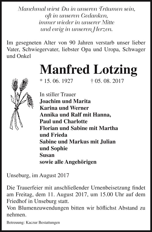 Traueranzeige für Manfred Lotzing